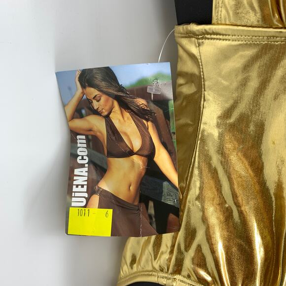 Vintage 90s Ujena Plunge Cut Halter Neck One Piece Swimsuit Sz 6 Gold Metallic - Picture 4 of 5